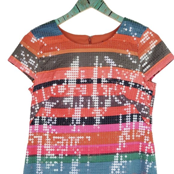 Corey Lynn Calter Round Neck Full Sequin Multi-Color Striped Shift Dress, Sz 0 - Picture 3 of 10